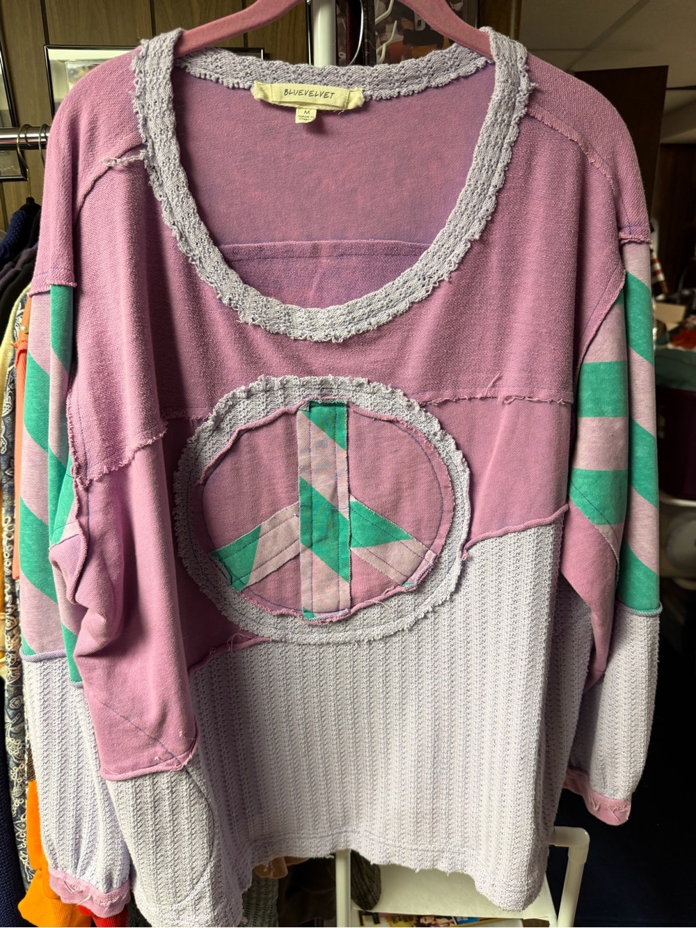Blue Velvet Lavender & Teal Patchwork Peace Sign Knit top. Size M